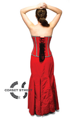 Red Velvet Check Stripes Waist Cincher Women Overbust Top & Long Skirt Plus Size Corset Dress